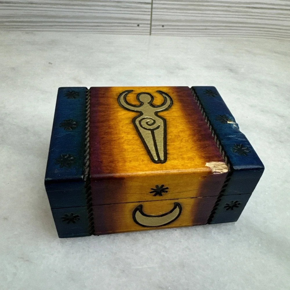 Signed EWB Trinket Jewelry Box Goddess Moon Poland Painted Wood